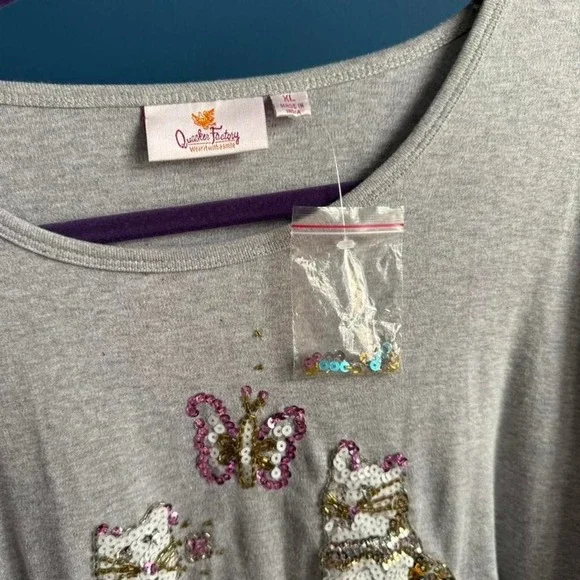 Y2K Beaded Cat Tee Women's Size XL Kitten Butterfly Quacker Factory Gray Grandma - Picture 4 of 8